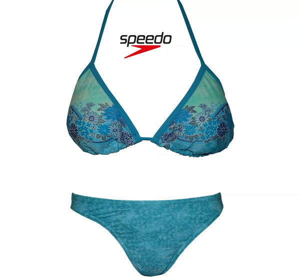 Speedo Blue Akita Cupped Triangle Halter tie back top + high leg brief swim set
