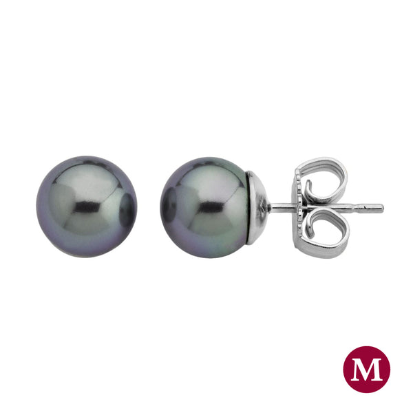 Majorica Classic Stud earrings on sterling silver rhodium-plated, 8mm round grey pearls