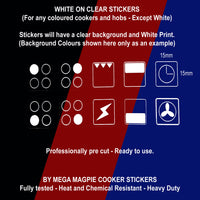 Cooker Oven Stove Range Hob Stickers Symbols Replacement Labels Knob Decals (White on Clear)