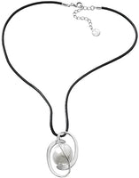 Majorica Pendant with leather 42cm long on sterling silver rhodium-plated, 18mm coin white pearls