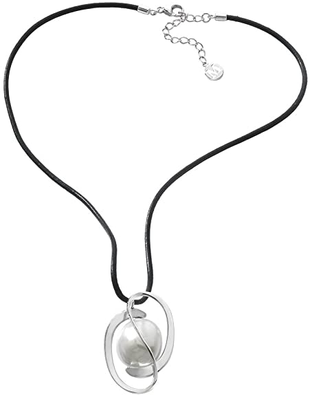 Majorica Pendant with leather 42cm long on sterling silver rhodium-plated, 18mm coin white pearls