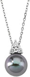 Majorica Pendant with chain 48cm long on sterling silver rhodium-plated, 12mm round grey pearl and zircons