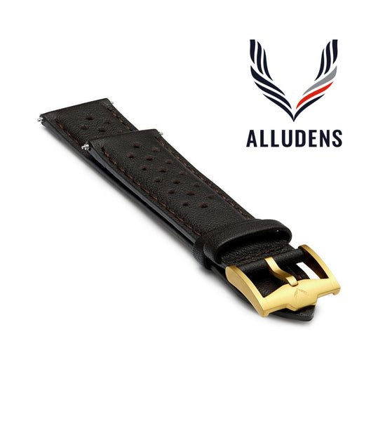 Brown Handmade 20mm Perforated Genuine Leather mens watch strap Gold Buckle