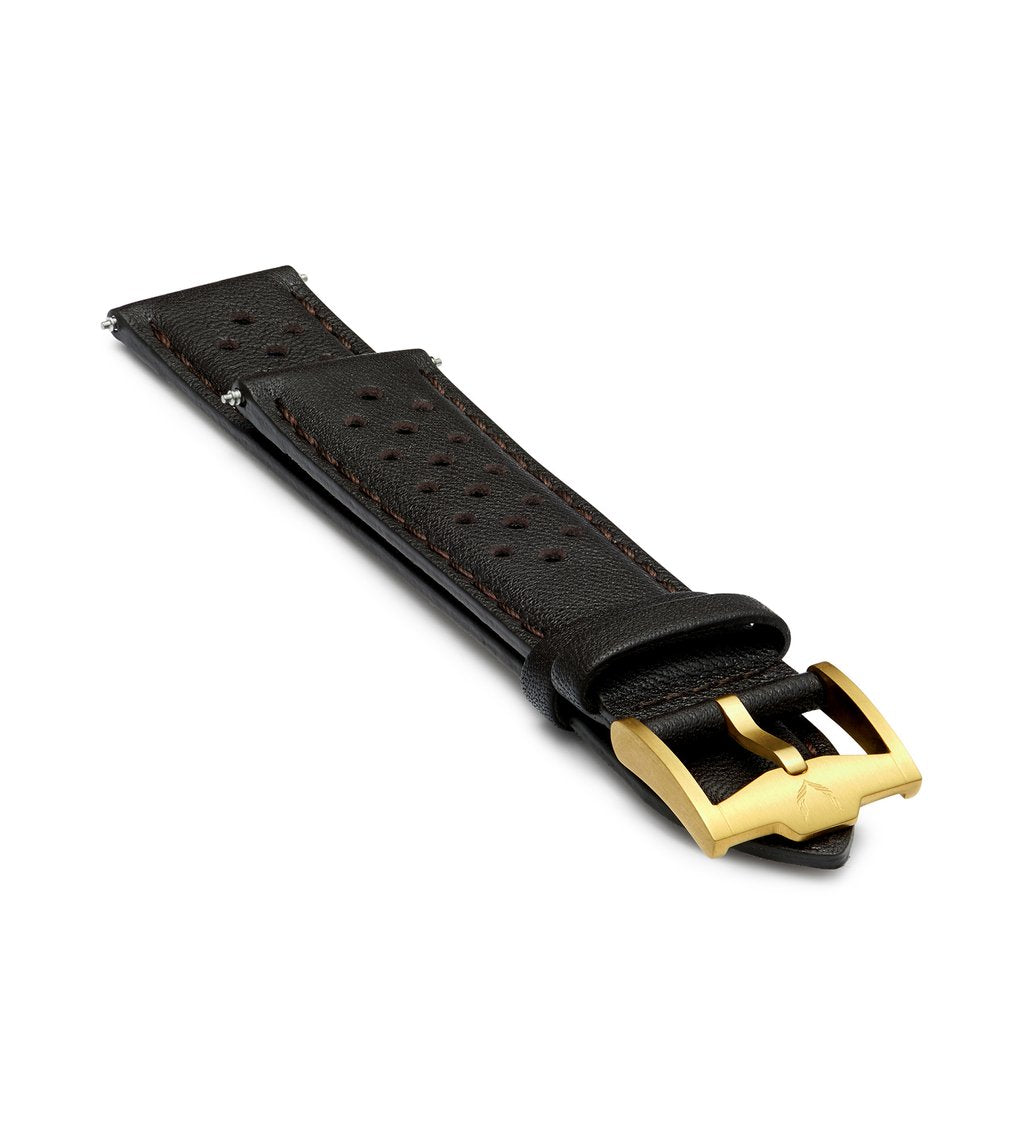 Brown Handmade 20mm Perforated Genuine Leather mens watch strap Gold Buckle