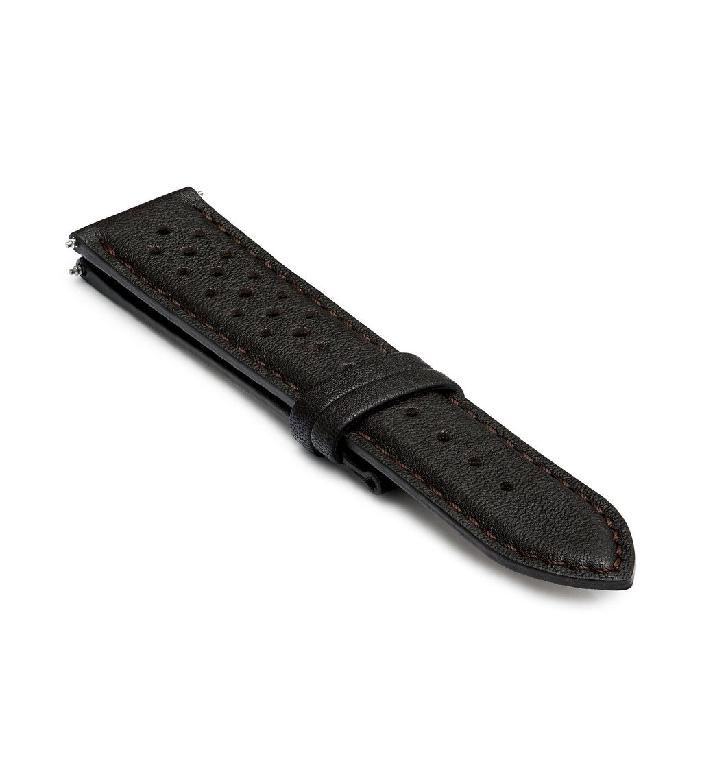 Brown Handmade 20mm Perforated Genuine Leather mens watch strap Gold Buckle