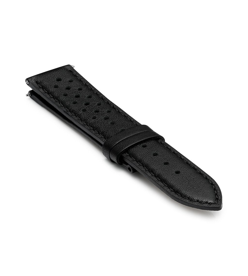 Black Handmade 20mm Perforated Genuine Leather mens watch strap Graphite Buckle