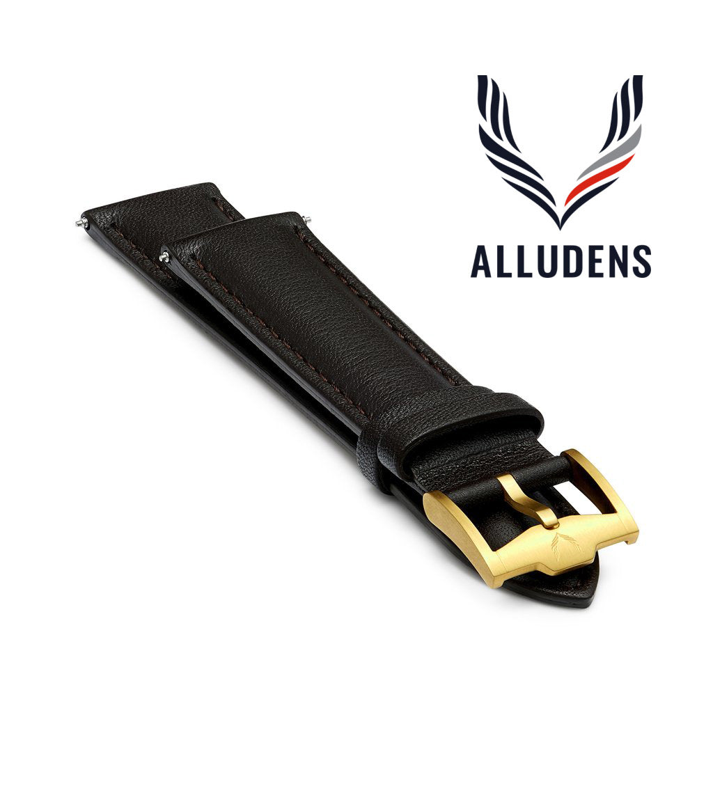 Brown Handmade 20mm rolled edge Genuine Leather mens watch strap Gold Buckle