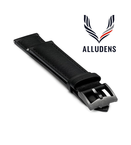 Black Handmade 20mm rolled edge Genuine Leather mens watch strap Graphite Buckle